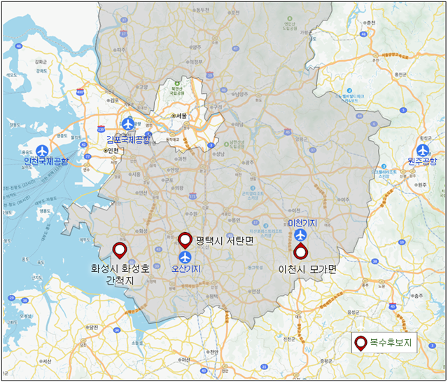 ▲ 경기도가 지난 8일 발표한 경기국제공항 건설 후보지. ⓒ경기도 제공