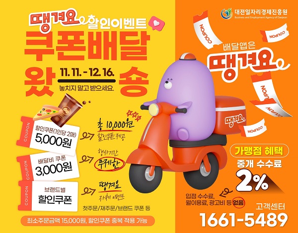 ▲ 소상공인 매출 확대 및 소비 촉진을 위해 상생 플랫폼 ‘땡겨요’이벤트 포스터.ⓒ대전시