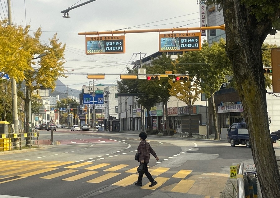 ▲ 정읍시는 어린이보호구역 내 교통사고 예방과 보행자 안전 강화를 위해 동초등학 앞 횡단보도에 ‘정지선 준수 시스템’과 ‘보행신호 음성안내 보조장치’를 새롭게 설치했다.ⓒ정읍시