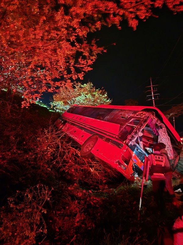 ▲ 15일 새벽 충남 금산군 제원명 수당리 금산나들목 인근 도로에서 빗길에 미끄러진 버스가 농로로 추락한 모습이다.ⓒ충남소방본부