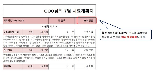 ▲ 상담실장이 작성한 허위 치료계획지 발췌본.ⓒ금융감독원