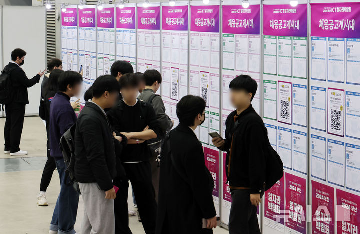 ▲ 부산디지털혁신아카데미 일자리박람회가 열린 20일 부산 해운대구 벡스코 제2전시장을 찾은 구직자들이 채용공고 게시판을 살펴보고 있다. ⓒ뉴시스