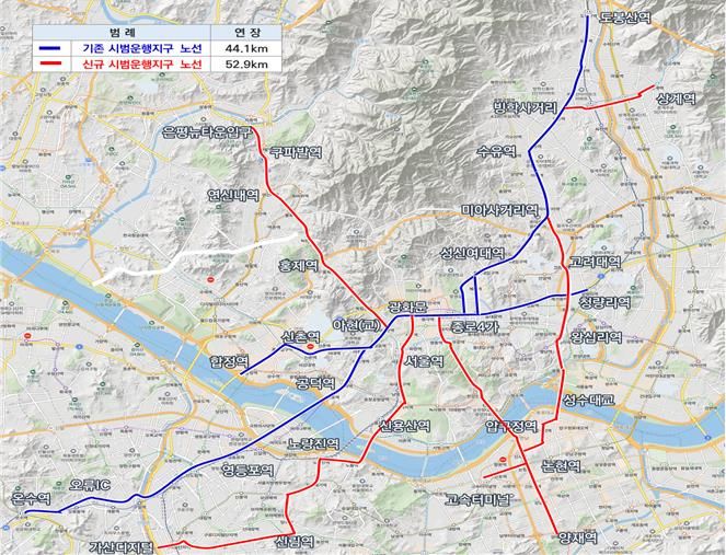 ▲ 제8차 시범운행지구 신규·변경 지정지구(서울중앙버스전용차로) ⓒ국토교통부 제공