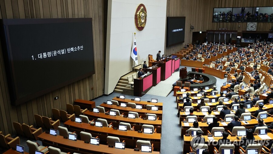 ▲ 14일 오후 국회 본회의에서 윤석열 대통령 탄핵소추안을 상정하고 있는 우원식 국회의장. ⓒ연합뉴스