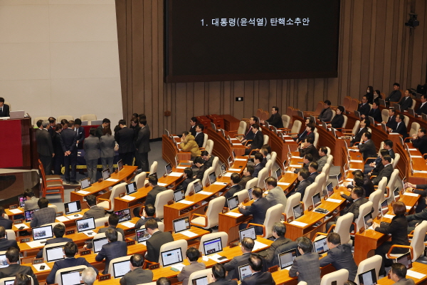 ▲ 지난 14일 국회에서 탄핵소추안 투표가 진행되는 모습. ⓒ연합뉴스