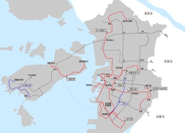 ▲ 인천 순환3호선, 송도트램, 부평연안부두선, 영종트램 등 인천시내 7개 노선 계획안 ⓒ 인천시 제공