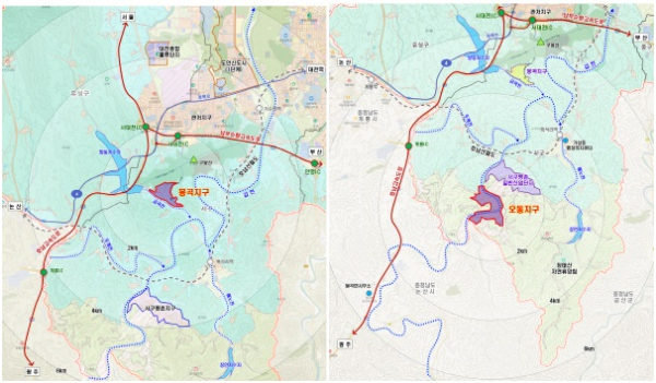 ▲ 사진은 봉곡지구 위치도(좌), 오동지구 위치도(우).ⓒ대전시