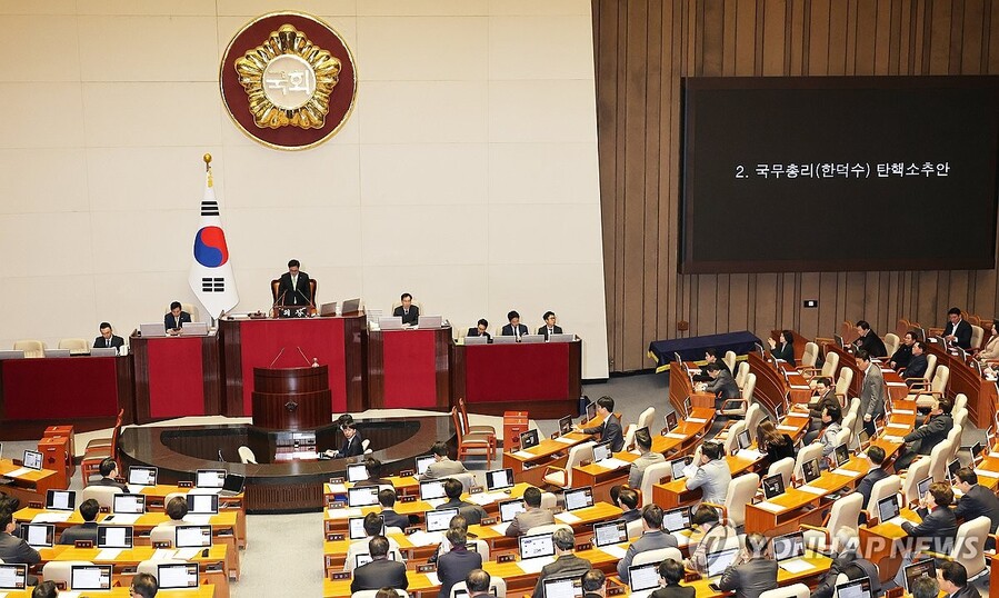 ▲ 우원식 국회의장이 27일 오후 국회 본회의에서 한덕수 대통령 권한대행 국무총리 탄핵소추안을 상정하고 있다ⓒ연합뉴스