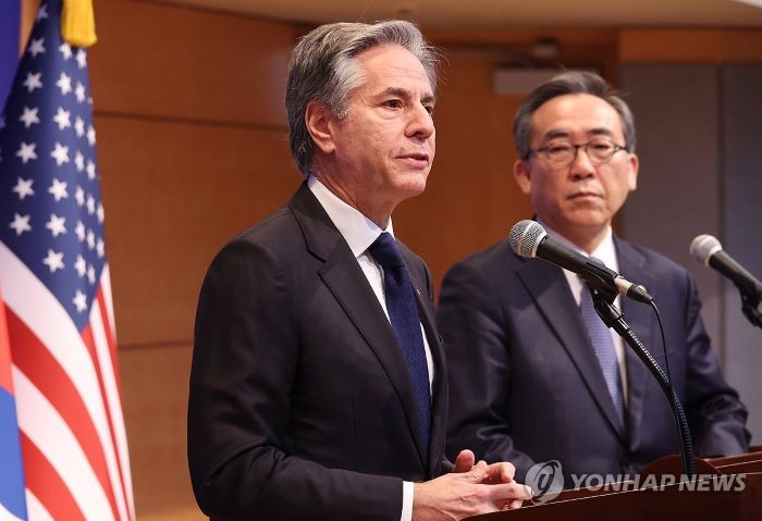 ▲ 토니블링컨 미국 국무장관이 6일 서울 종로구 정부서울청사 외교부에서 한·미 외교장관 회담을 마치고 합동 기자회견을 하고 있다. 오른쪽은 조태열 외교부 장관. ⓒ연합뉴스