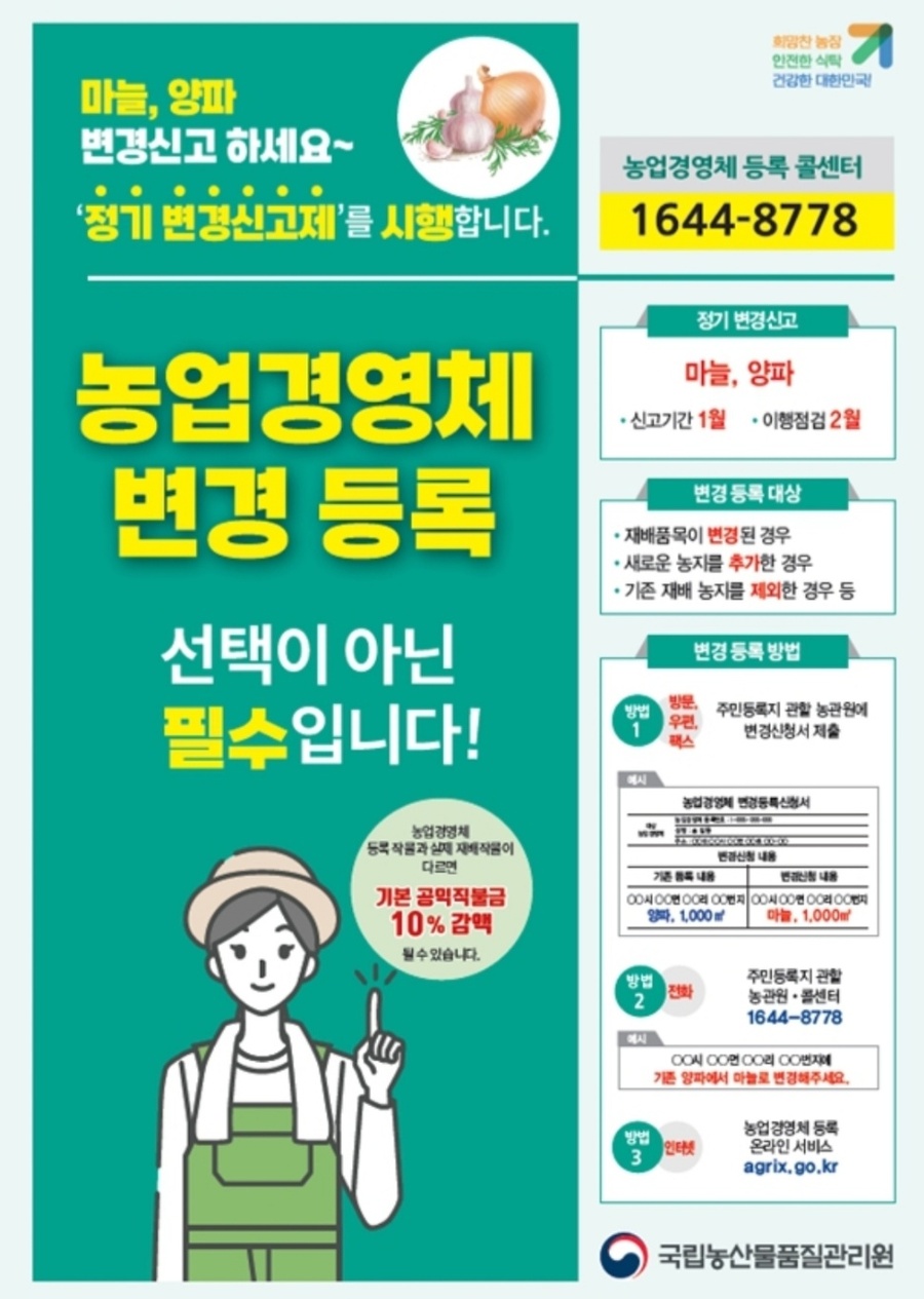 ▲ 무안농관원이 오는 31일까지 양파·마늘을 경작하는 농업경영체를 대상으로 등록정보에 대한 ‘정기 변경신고 기간’을 운영한다.ⓒ국립농산물품질관리원 무안사무소 제공