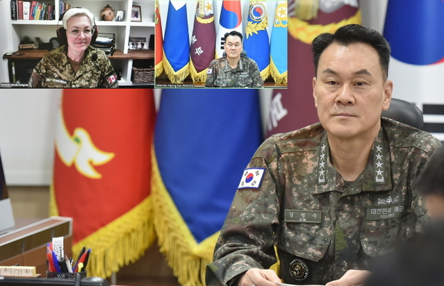 ▲ 김명수 합참의장(해군 대장)은 8일 제니 캐리냥(육군 대장) 캐나다 국방총장과 공조 통화를 했다. ⓒ합동참모본부 제공