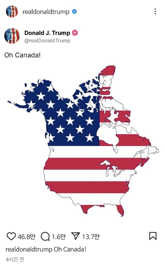 ▲ 도널드 트럼프 미국 대통령 당선인이 SNS 올린 성조기로 뒤덮인 북아메리카 지도. 250108 사진=도널드 트럼프 인스타그램 갈무리. ⓒrealdonaldtrump
