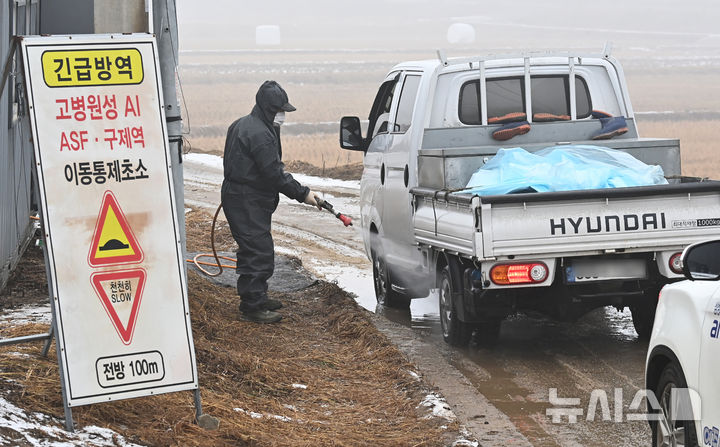 ▲ 지난 6일 고병원성 조류인플루엔자(AI)가 발생한 경기도 여주시 흥천면 한 산란계 농장 인근 이동통제초소에서 방역 관계자가 차량 방역작업을 하고 있다. ⓒ뉴시스