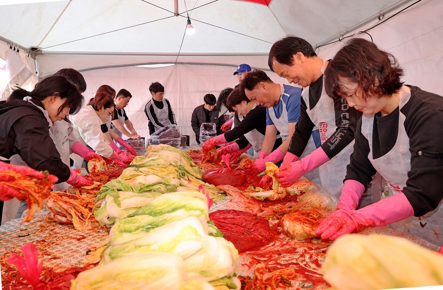 ▲ 괴산김장축제에서 즉석 김장담그기 체험을 하고 있다.ⓒ괴산군