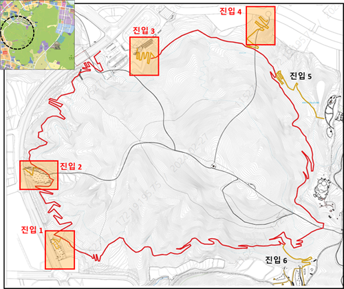▲ 원수산 둘레길 진입 관문 위치.ⓒ행복청