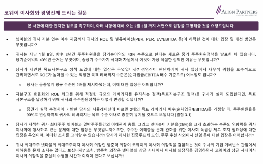 ▲ 얼라인이 코웨이에 보낸 주주서한 내용 중 일부. ⓒ얼라인