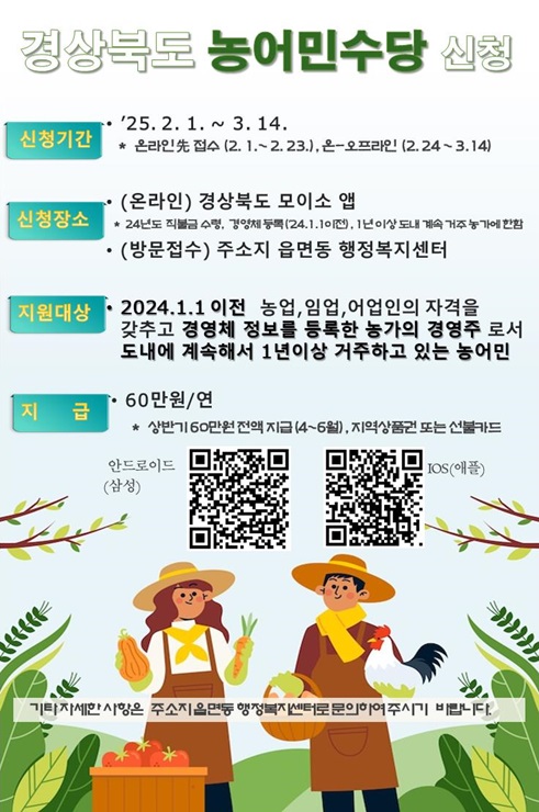 ▲ 경상북도 ‘2025년 농어민수당’ 신청이 오는 2월 1일부터 시작된다.ⓒ경북도