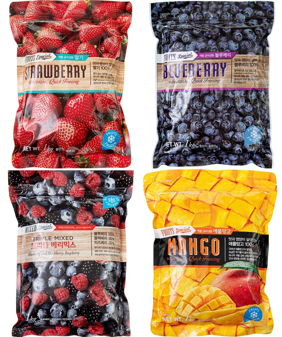 ▲ 이랜드팜앤푸드 냉동 수입 과일 4종 (딸기·블루베리·트리플 베리믹스·애플망고)ⓒ이랜드