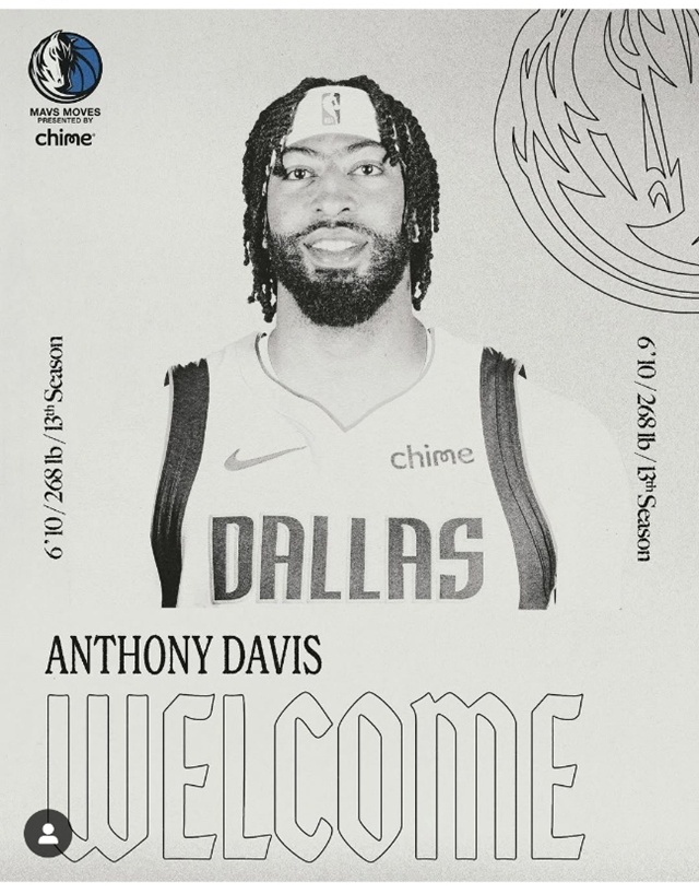 ▲ 댈러스 매버릭스 유니폼을 입은 앤써니 데이비스. 사진=댈러스 인스타그램 갈무리. ⓒdallasmavs