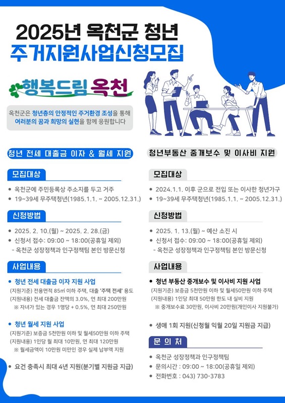 ▲ 옥천군 ‘전세 대출금 이자 지원’,  ‘월세 지원’ 사업 신규 대상자 모집 홍보 포스터.ⓒ옥천군