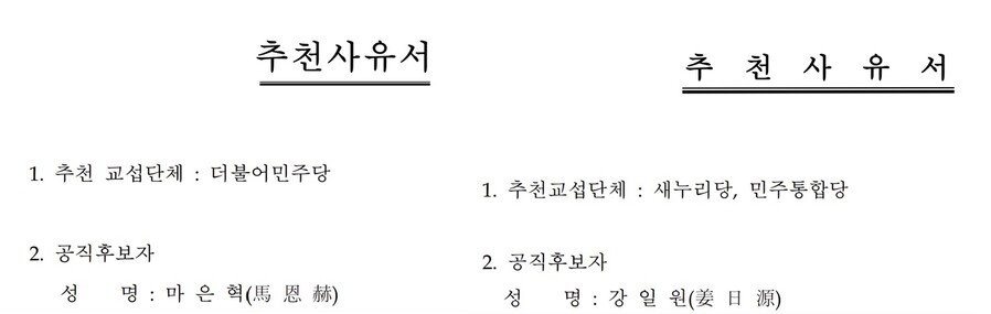 ▲ 마은혁 헌법재판관 후보자의 추천 사유서에 명시된 추천 정당과 2012년 강일원 전 헌법재판관 임명 당시 추천 사유서에 명시된 추천 정당. ⓒ국회의안정보시스템