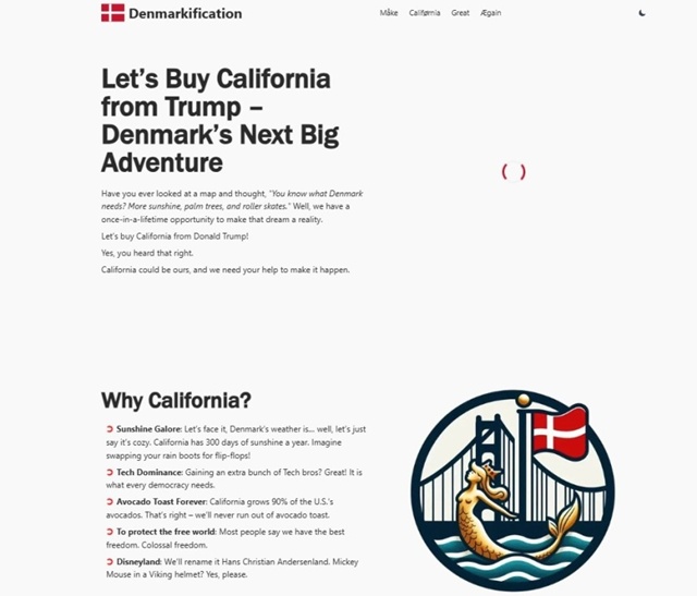 ▲ '캘리포니아를 사자' 청원 캠페인 사이트. Denmarkification 사이트 갈무리. ⓒ연합뉴스