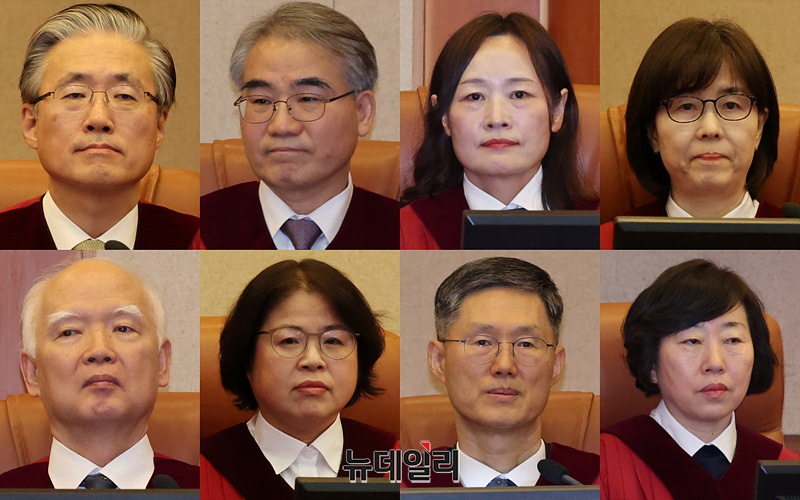 ▲ ▲ 헌법재판관 8인(왼쪽 상단부터). 김형두(김명수 지명), 조한창, 정정미(김명수 지명), 이미선(우리법연 후신 소속), 정형식, 김복형, 문형배(우리법연 소속), 정계선(우리법연 소속).
좌파 카르텔 출신 3명과 김명수 전 대법원장 지명 2명 등 좌파 5명이 헌재를 장악, 윤대통령 탄핵을 밀어 붙이고 있다. 8인체제에선 6인만 인용에 손들면, 중국 속국화 일보직전으로 가게 된다. ⓒ 서성진 기자