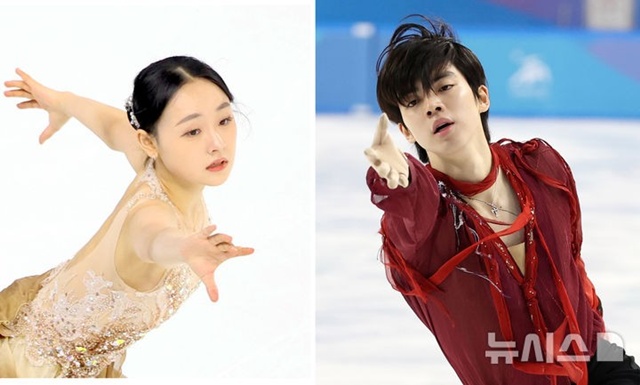 ▲ 중국 하얼빈 헤이룽장 빙상훈련센터에서 열린 2025 하얼빈 동계 아시안게임 남녀 피겨스케이팅 싱글에서 김채연(좌)과 차준환이 각각 금메달을 차지했다. 250213 ⓒ뉴시스