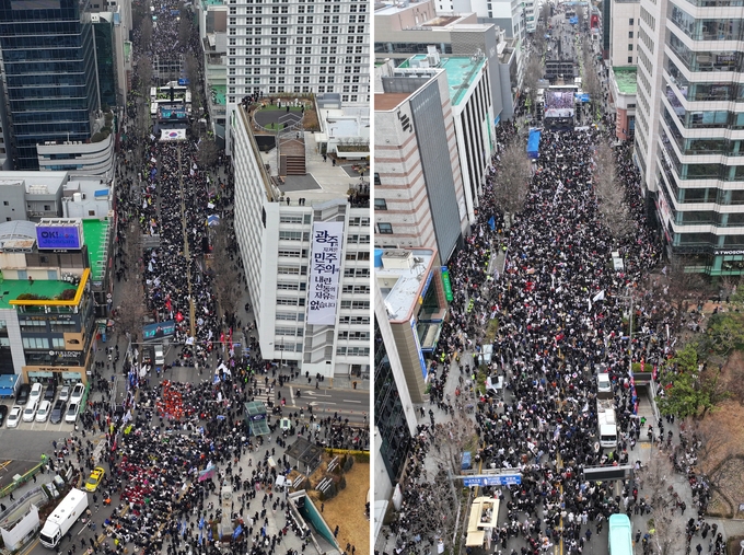▲ 15일 오후 광주 동구 금남로에서 경찰버스로 만든 차벽을 사이에 두고 윤석열 대통령 탄핵에 찬성(왼쪽), 반대(오른쪽)하는 집회가 각각 열리고 있다.ⓒ연합뉴스