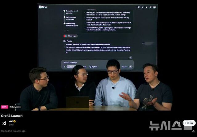 ▲ 일론 머스크 테슬라 CEO(사진 오른쪽)가 세 명의 엔지니어와 함께 17일(현지시각) xAI 공식 홈페이지를 통해 '그록(Grok)3' 공개 라이브 방송을 진행하고 있다. 출처=xAI 홈페이지 갈무리ⓒ뉴시스