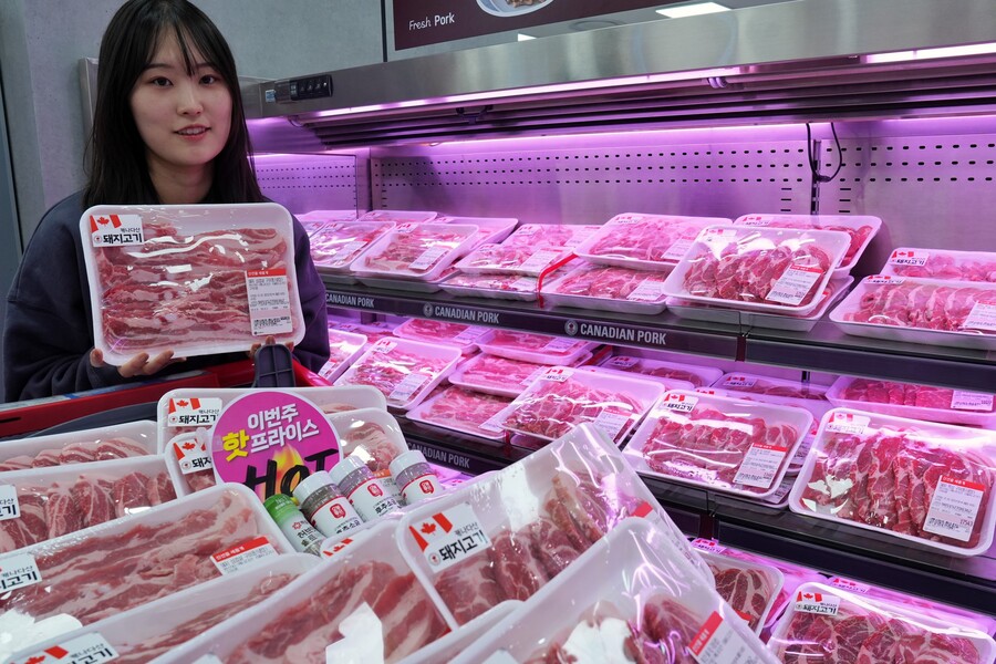 ▲ 롯데마트 직원이 제타플렉스 잠실점 수입 삼겹살 코너에서 캐나다산 삼겹살을 홍보하고 있다.ⓒ롯데마트