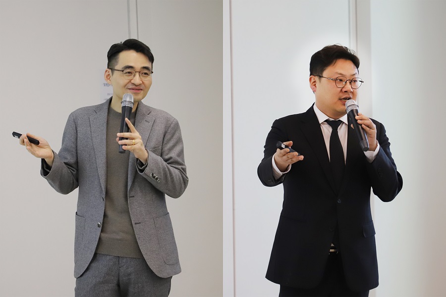 ▲ 염승환 LS증권 이사(왼쪽)와 최광혁 리서치센터장이 18일 서울 여의도 LS증권 본사에서 열린 리테일 고객 대상 투자 세미나에서 강연하고 있다. ⓒ사진=LS증권 제공