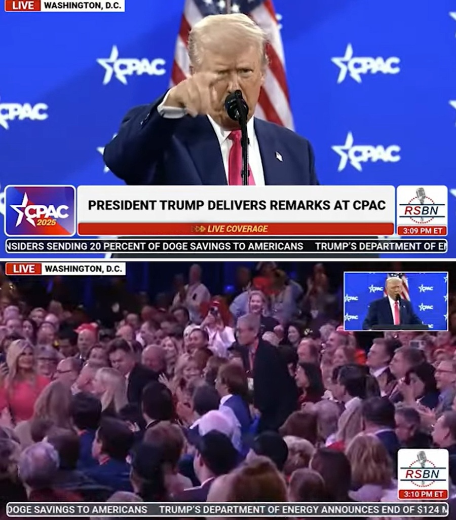 ▲ 미국 최대 규모 보수 행사인 'CPAC 2025'에서 피날레 연설을 하던 도널드 트럼프 미국 대통령이 객석에 있던 고든 창 변호사를 호명하며 박수를 유도하고 있다. ⓒ유튜브 영상 캡처