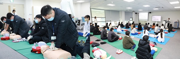 ▲ 지난 21일부터 27일까지 응급상황 발생 시 대처 능력 향상을 위해 맞춤형 심폐소생술 교육을 진행 중이다.ⓒ충남대병원