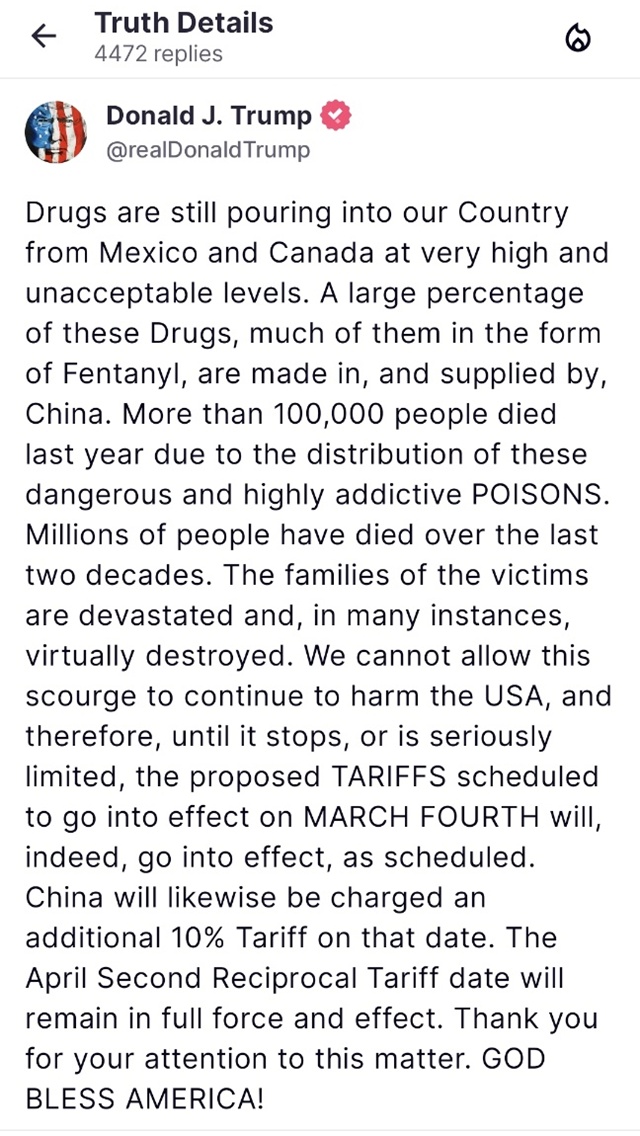 ▲ 도널드 트럼프 미국 대통령이 트루스소셜에 남긴 글. 250227 사진=트루스소셜 갈무리. ⓒrealDonaldTrump