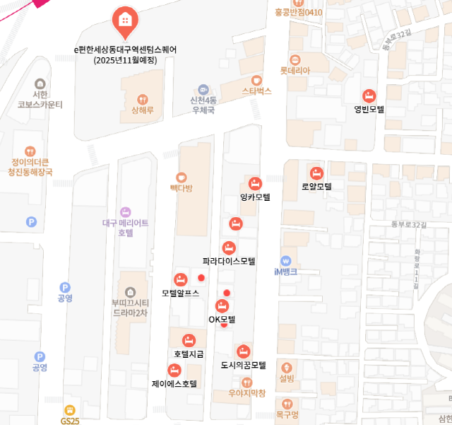 ▲ e편한세상 동대구역센텀스퀘어 인근에 주점, 노래방 등이 밀집해 있고 모텔도 반경 300m에 13개가 존재한다.ⓒ네이버지도