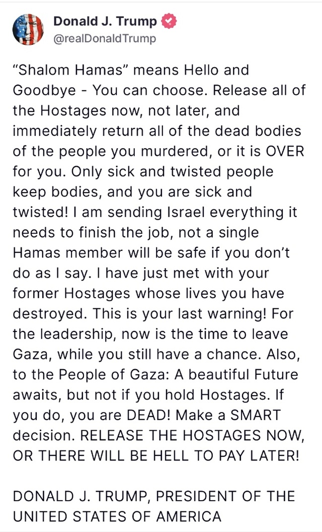 ▲ 도널드 트럼프 미국 대통령이 트루스소셜에 남긴 글. 250306 사진=트루스소셜 갈무리. ⓒrealDonaldTrump