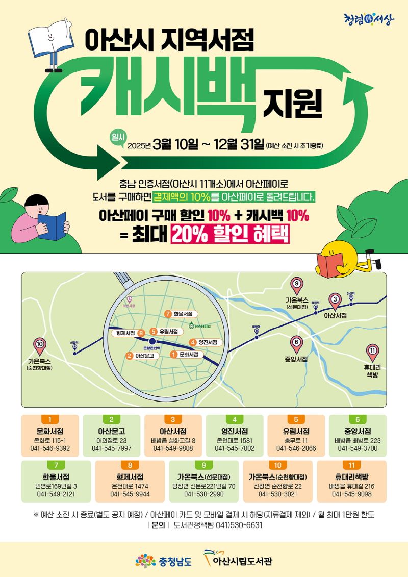 ▲ 2025년 지역서점 캐시백 지원사업 홍보 안내문.ⓒ아산시