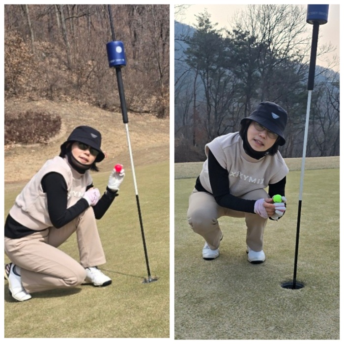 ▲ 이혜경씨가 10일 홀인원을 기록한 충북증평군 블랙스톤벨포레CC 레이크 3번홀(왼쪽)과 마운틴 7번홀에서 홀인원을 기록한 뒤 공을 들어 보이고 있다. ⓒ이혜경 씨 제공