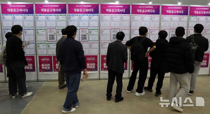 ▲ 부산디지털혁신아카데미 일자리박람회가 열린 지난해 11월20일 부산 해운대구 벡스코 제2전시장을 찾은 구직자들이 채용공고 게시판을 살펴보고 있다. ⓒ뉴시스