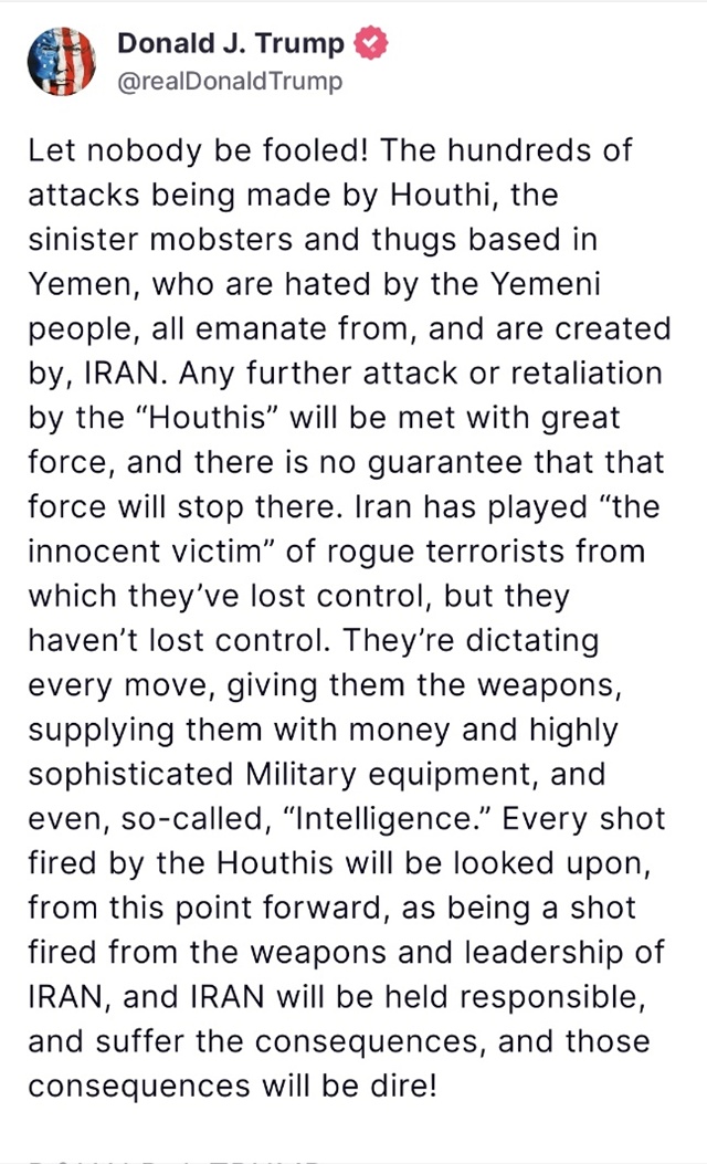 ▲ 도널드 트럼프 미국 대통령이 트루스소셜에 남긴 글. 250318 사진=도널드 트럼프 미국 대통령 트루스소셜 계정 갈무리. ⓒrealDonaldTrump