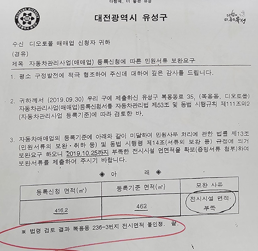 ▲ 유성구청이 대전 디오토몰 입주자에게 보낸 전시시설 부족에 대한 공문.ⓒ독자제공