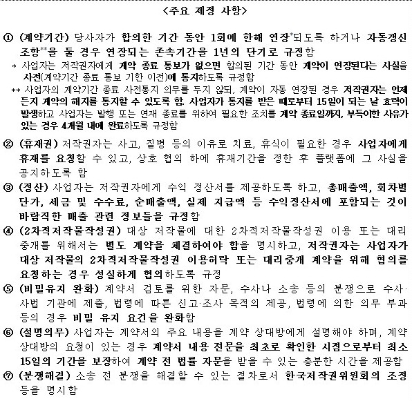 ▲ 웹소설 분야 표준계약서 주요 제정 사항.ⓒ문체부
