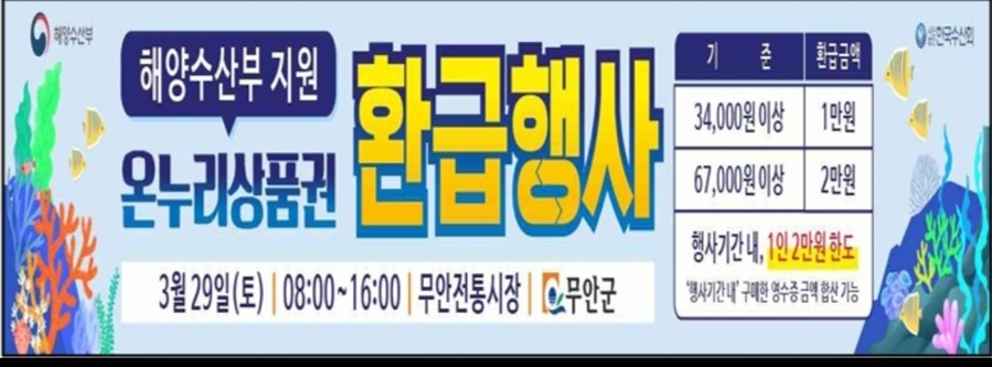 ▲ 무안군이 오는 29일 국내 수산물 소비 촉진을 위해무안전통시장에서 온누리상품권환급행사를 진행한다.ⓒ무안군 제공