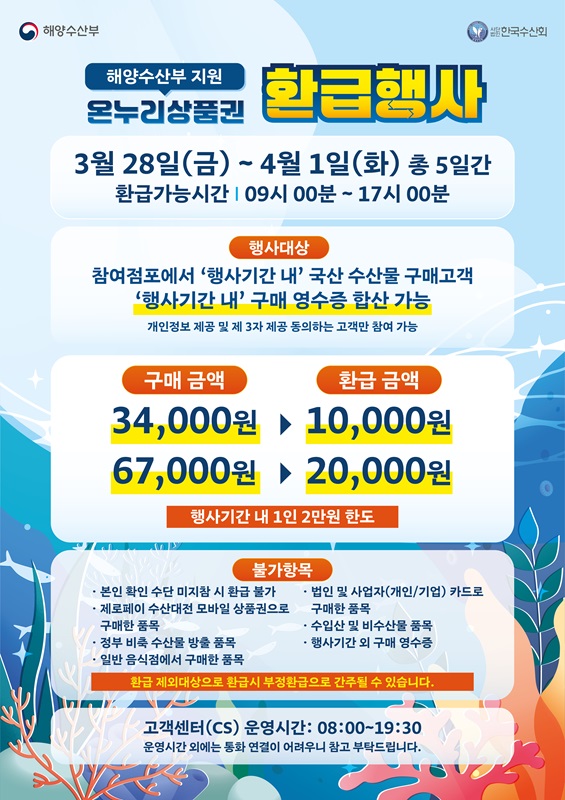 ▲ 청주시는 수산인의 날을 맞아 오는 28~4월 1일 수산물 온누리 상품권 환급행사를 진행한다.ⓒ청주시