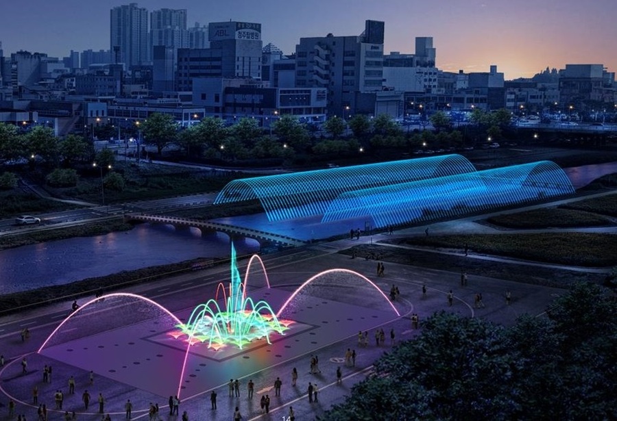 ▲ 청주시 무심천 청주대교 일원에 바닥분수대를 신설하고 체육공원 인근에 있던 기존 터널분수를 개량하는 사업에 착공했다.ⓒ청주시