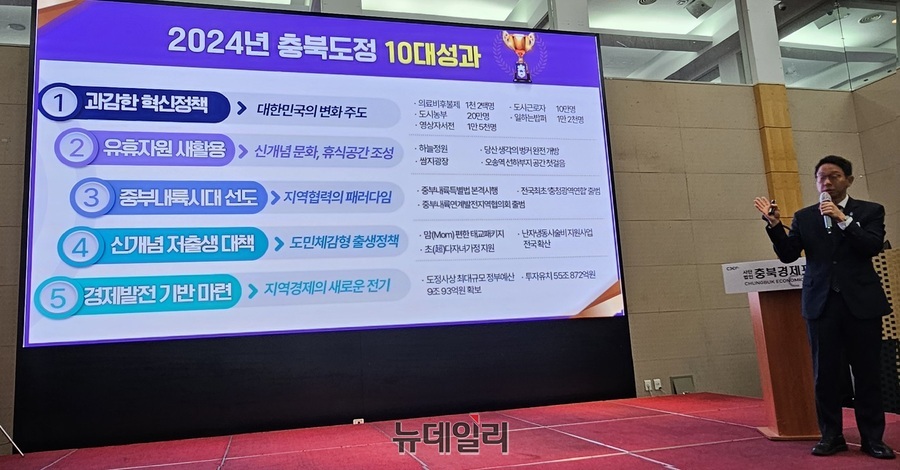 ▲ 이방무 충북도 기획조정실장이 27일 충북경제포럼에 참석해 ‘충북 도정의 2024년 10대 성과를 발표하고 있다.ⓒ김정원 기자