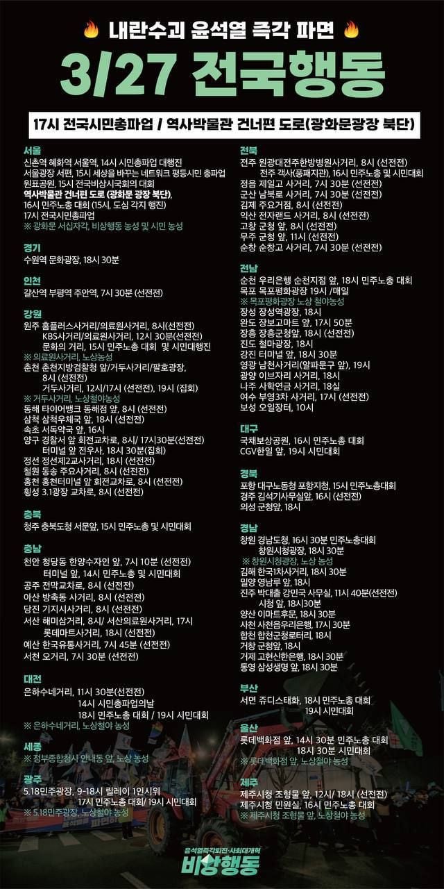 ▲ 비상행동이 주최하는 지역별 집회. 총 62개 지역에 달하며 이 중에는 산불로 고통받고 있는 경북 및 경남 지역도 포함돼 있다. ⓒ비상행동 홈페이지 캡쳐