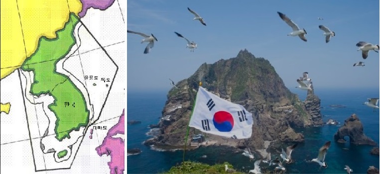 ▲ 이승만대통령이 6.25전쟁중 1952년에 선포한 해양주권선 '평화선'과, 이때 확보한 독도.