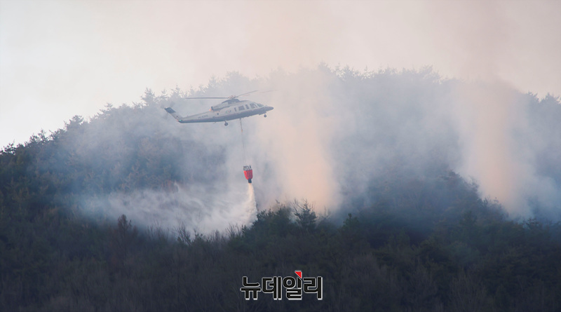 ▲ 경북 북부지역 산불이 재발화한 지난 29일 오전 경북 안동시 산불 현장에 소방헬기가 투입되고 있다. ⓒ(경북 의성=서성진 기자)
